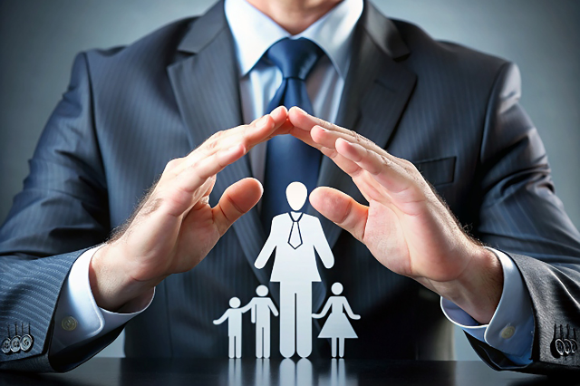 Homem em terno com as mãos em forma de proteção sobre figuras representando uma família, simbolizando gestão de riscos e seguros.