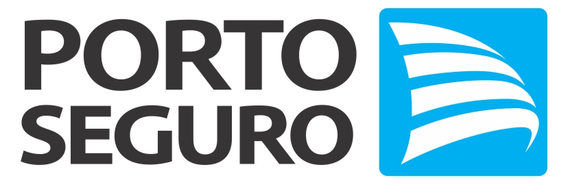 Logotipo da Porto Seguro, apresentando o nome em letras grandes e um ícone azul com três linhas brancas estilizadas.