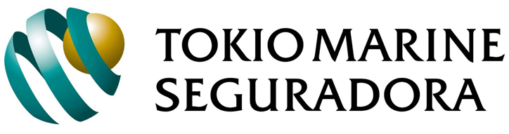 Logotipo da Tokio Marine Seguradora com elementos gráficos em verde e dourado.